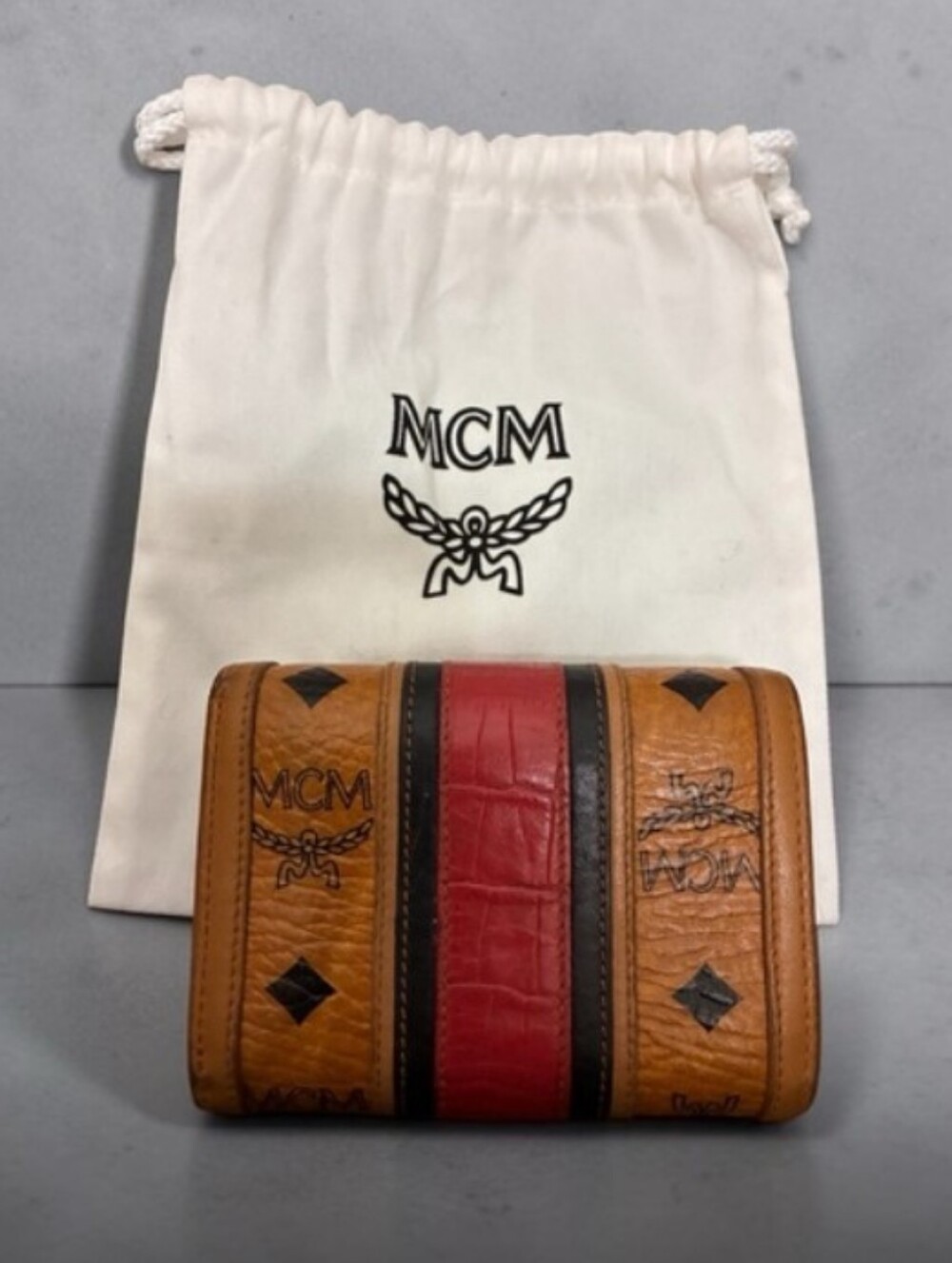 MCM Cognac Leather Trifold Wallet with Red & Black Stripe - Picture 2 of 3